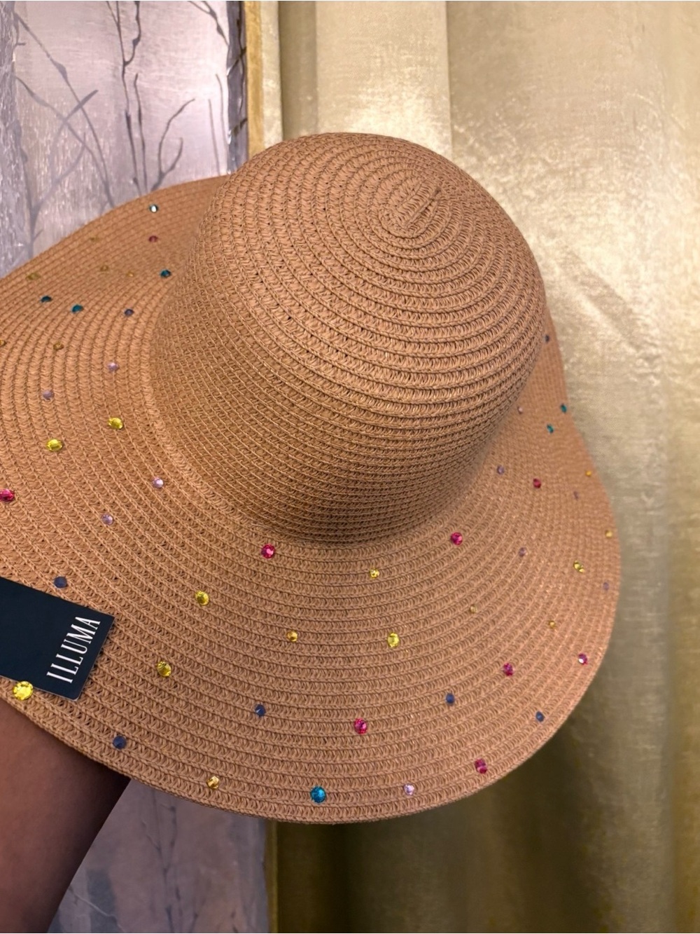Embellished Tan Straw Wide-Brim Sun Hat with Multicolor Gems - Picture 3 of 3